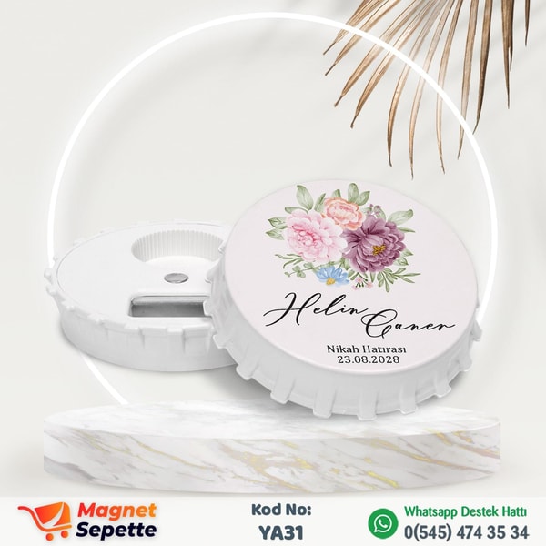 Güllü Yuvarlak Nikah Hatırası Magnet