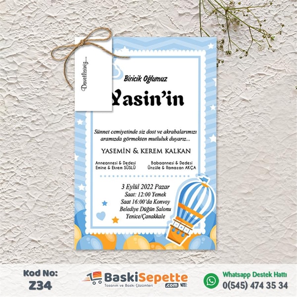 Kapadokya Balonu Zarfsız Sünnet Davetiyesi