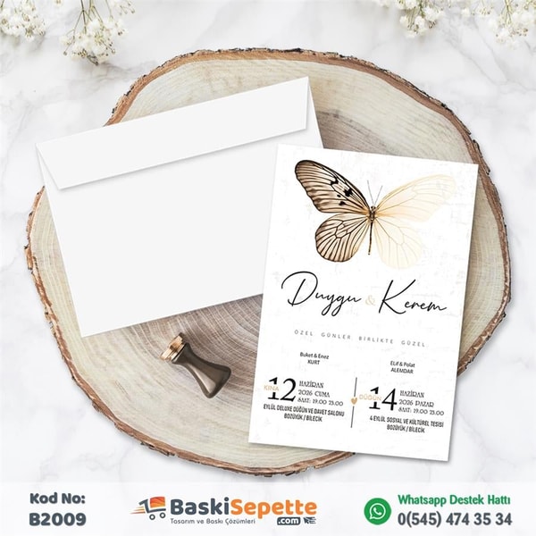 Kelebek Desenli Ekonomik Davetiye