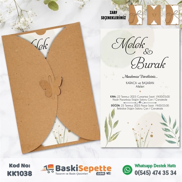 Kelebekli Kraft Zarflı Düğün Davetiyesi