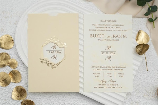 Krem Renkli Şık Düğün Davetiyesi