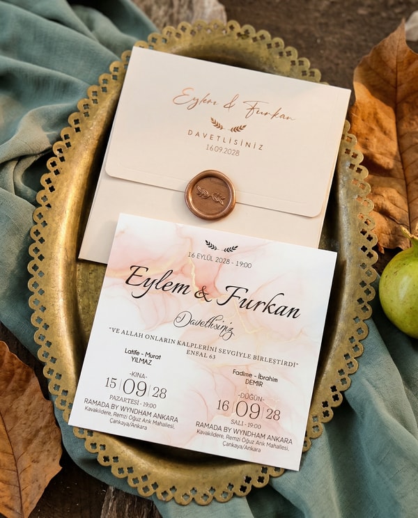 Krem Zarflı Rose Gold Yaldızlı Mühürlü Düğün Davetiyesi