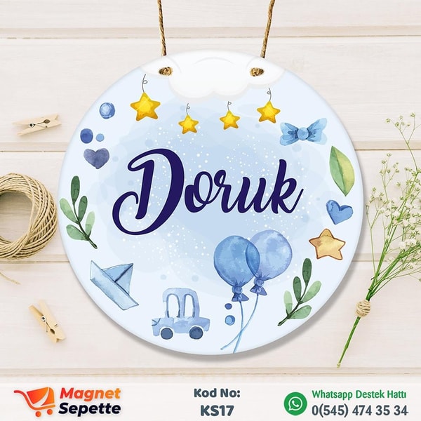 Mavi Balonlu Ahşap Kapı Süsü