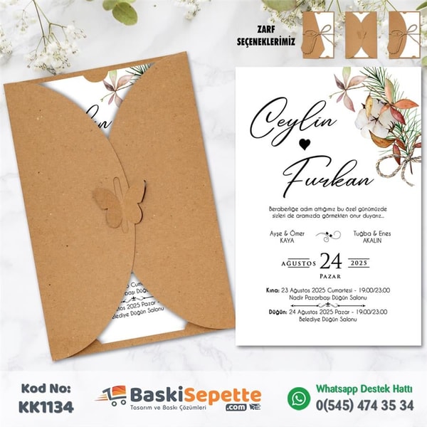 Modern Çiçekli Kraft Davetiye