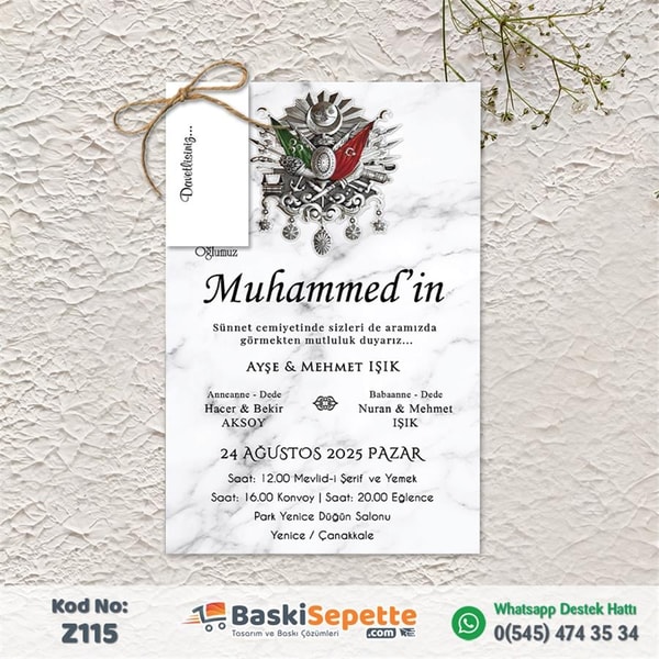 Osmanlı Tuğralı Zarfsız Sünnet Davetiyesi