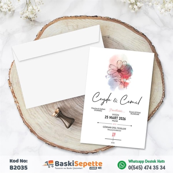 Pastel Renk Çiçekli Düğün Davetiyesi