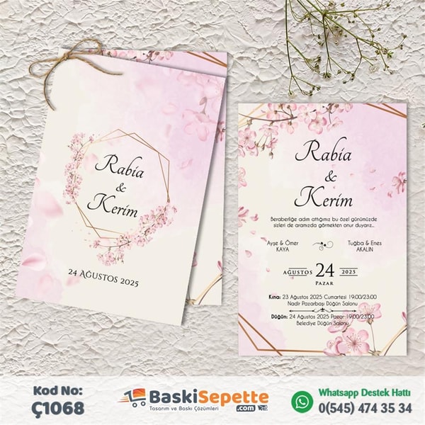 Pembe Tasarım İkili Davetiye