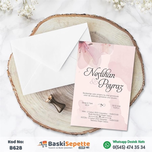 Pembe Zeminli Düğün Davetiyesi
