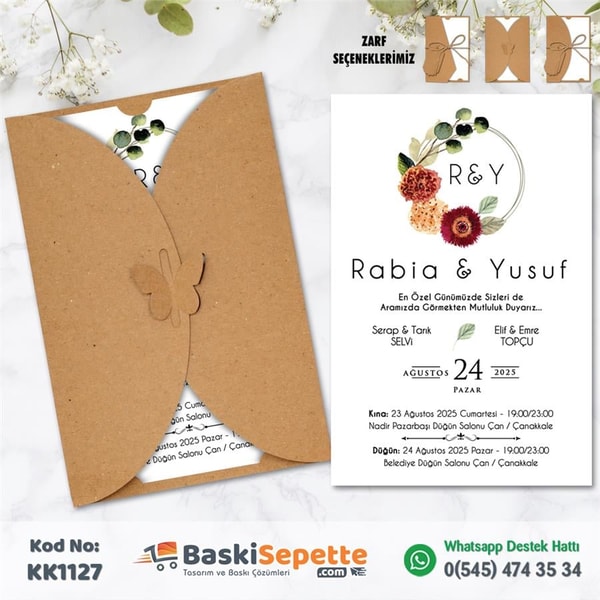Rustik Çiçekli Kraft Davetiye Modeli