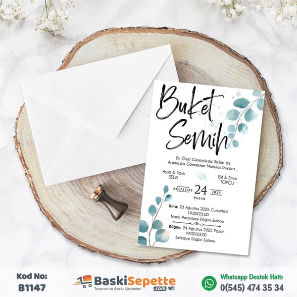 Sade Çiçekli Düğün Davetiyesi