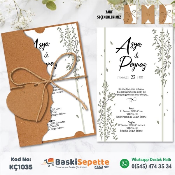 Sade Yeşil Çiçekli Kraft Davetiye