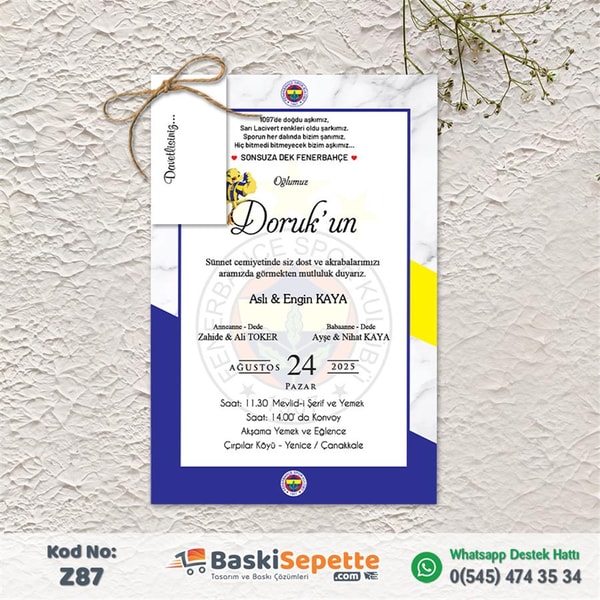 Sarı Lacivertli Zarfsız Sünnet Davetiyesi