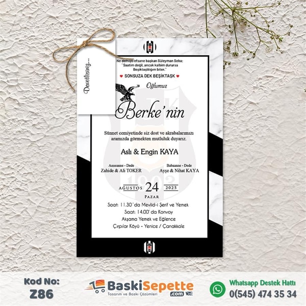 Siyah Beyaz Beşiktaşlı Sünnet Davetiyesi