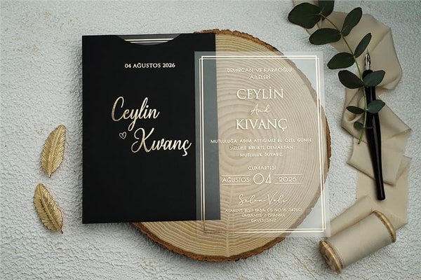 Siyah Zarflı Yaldızlı Şeffaf Davetiye