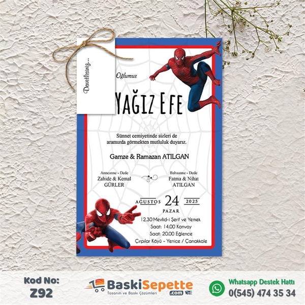 Spidermanlı Zarfsız Sünnet Davetiyesi