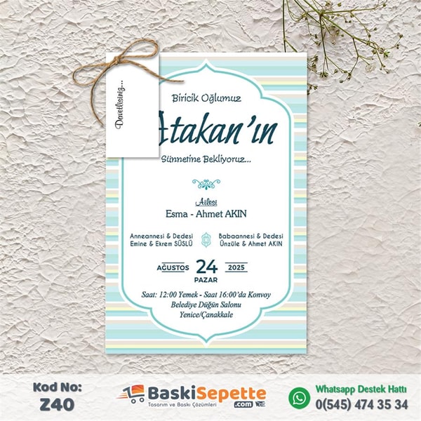 Turkuaz Desenli Sünnet Davetiyesi