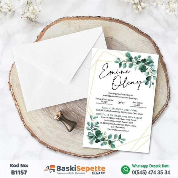 Yeşil Okaliptüs Çiçekli Modern Davetiye