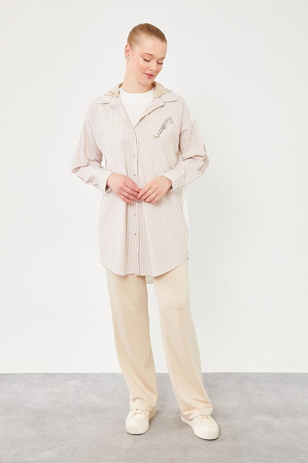 Levidor StudioLevidor Studio Bej Kapüşonlu Poplin Kumaş Karışımlı Spor Takım