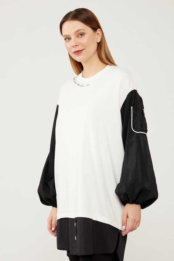 Levidor StudioLevidor Studio Ekru Bisiklet Yaka Yazı Baskılı Sweat Tunik