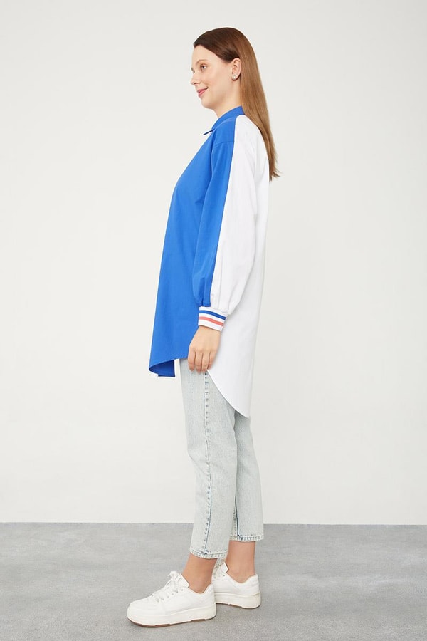 Levidor StudioLevidor Studio Ekru-Saks Çift Renk Ribanalı Poplin Gömlek