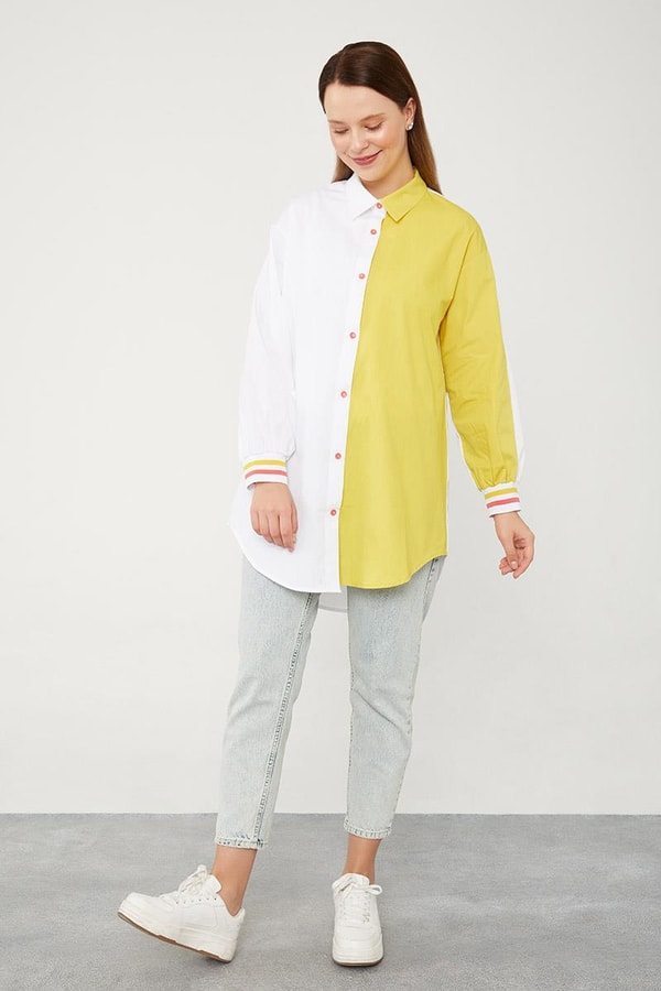 Levidor StudioLevidor Studio Ekru-Yeşil Çift Renk Ribanalı Poplin Gömlek