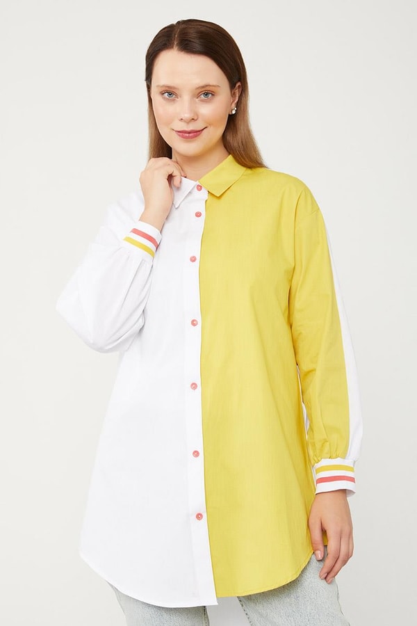 Levidor StudioLevidor Studio Ekru-Yeşil Çift Renk Ribanalı Poplin Gömlek