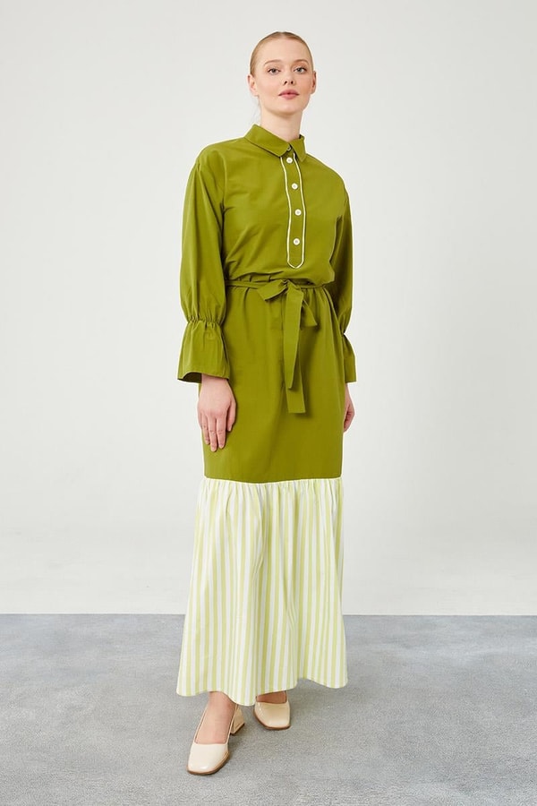 Levidor StudioLevidor Studio Fıstık Yeşili Çizgili Poplin Elbise