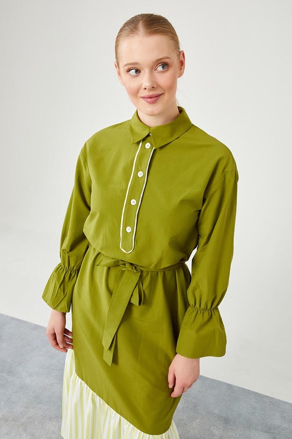 Levidor StudioLevidor Studio Fıstık Yeşili Çizgili Poplin Elbise