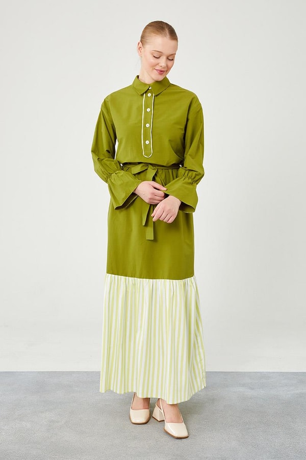 Levidor StudioLevidor Studio Fıstık Yeşili Çizgili Poplin Elbise