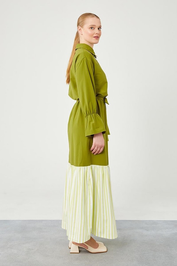 Levidor StudioLevidor Studio Fıstık Yeşili Çizgili Poplin Elbise