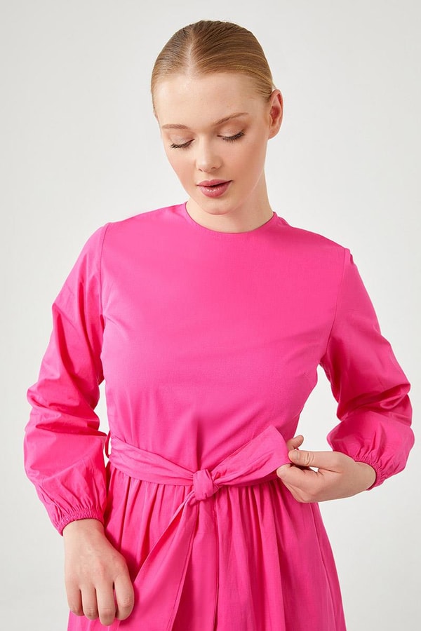 Levidor StudioLevidor Studio Fuşya Bisiklet Yaka Garnili Belden Bağlamalı Elbise