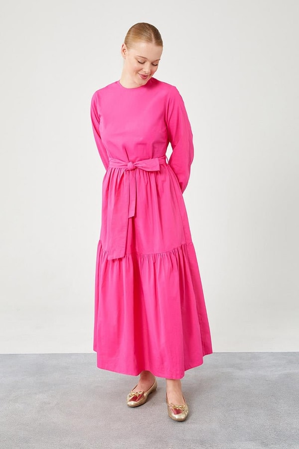 Levidor StudioLevidor Studio Fuşya Bisiklet Yaka Garnili Belden Bağlamalı Elbise