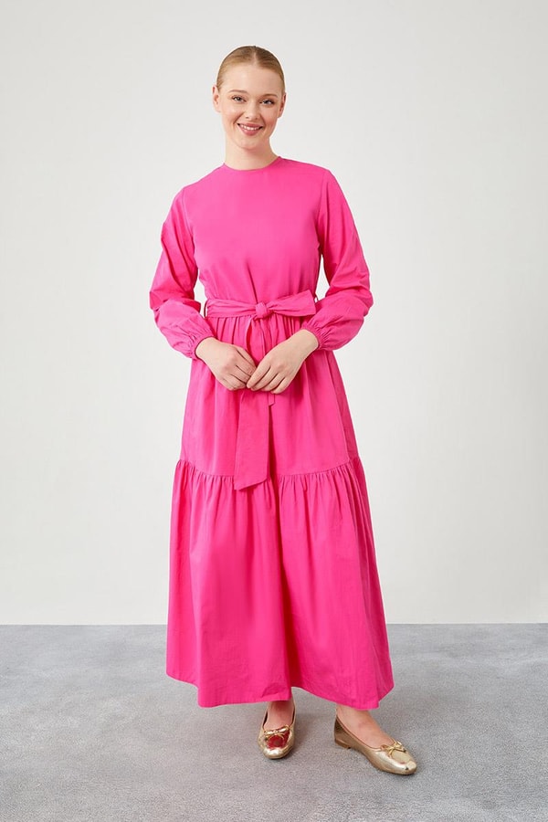 Levidor StudioLevidor Studio Fuşya Bisiklet Yaka Garnili Belden Bağlamalı Elbise