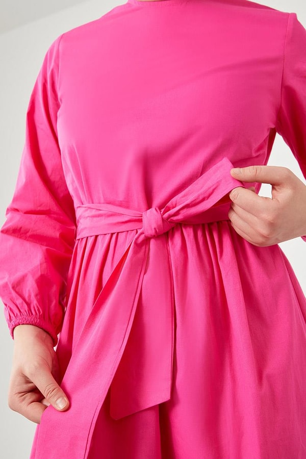 Levidor StudioLevidor Studio Fuşya Bisiklet Yaka Garnili Belden Bağlamalı Elbise