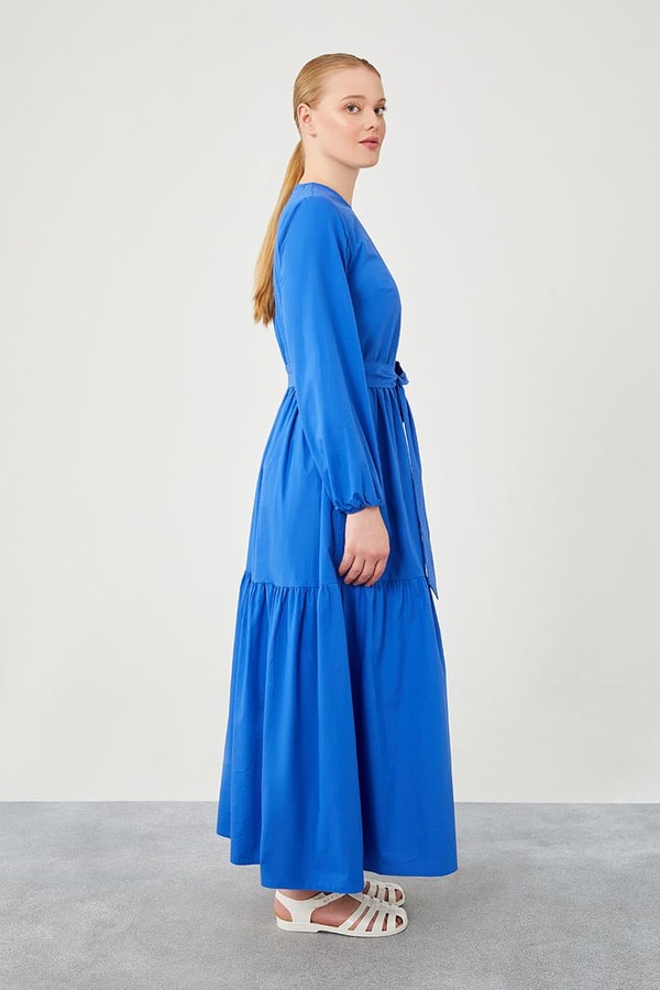 Levidor StudioLevidor Studio Saks Bisiklet Yaka Garnili Belden Bağlamalı Elbise