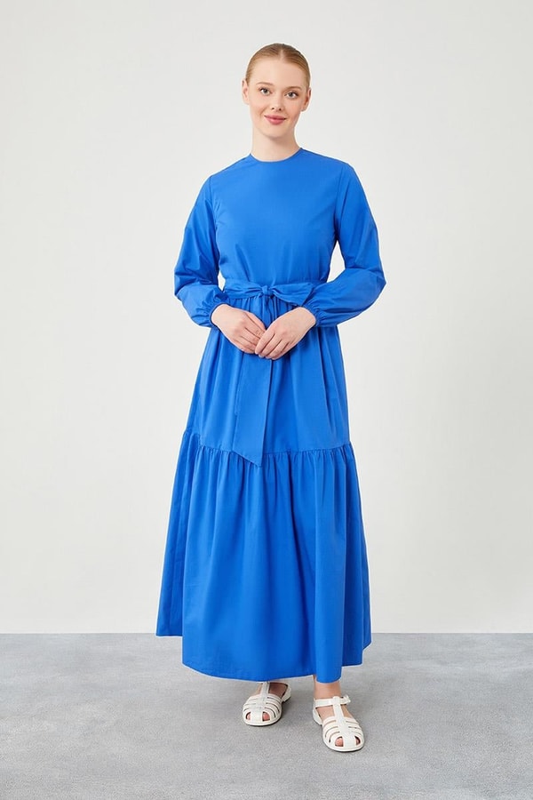 Levidor StudioLevidor Studio Saks Bisiklet Yaka Garnili Belden Bağlamalı Elbise