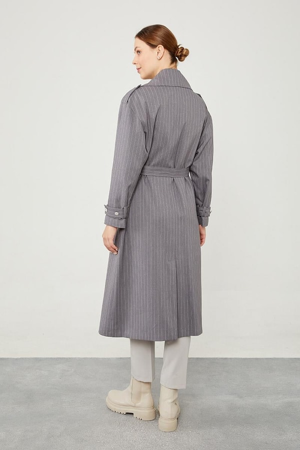 LevidorAntrasit Çizgili Desen Kuşak Kapamalı Trençkot