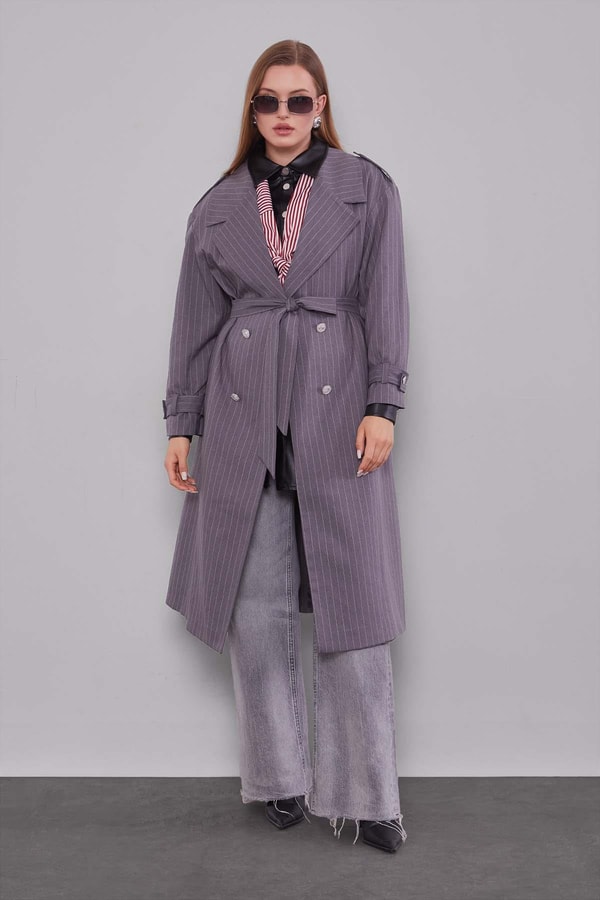 LevidorAntrasit Çizgili Desen Kuşak Kapamalı Trençkot