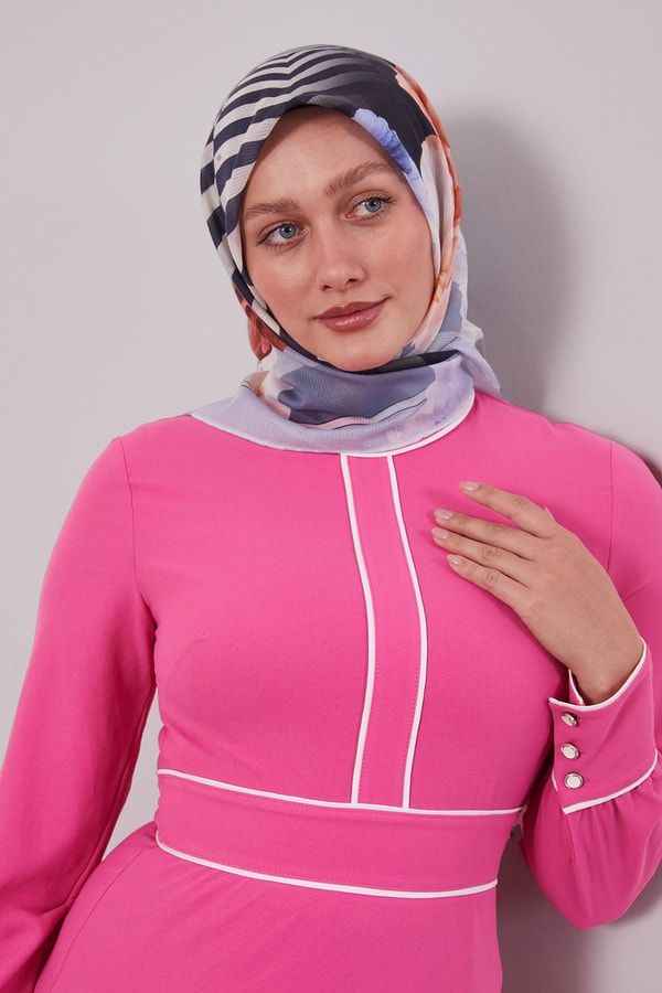 LevidorBebe Mavisi Çizgili Çiçek Desen Pamuk Eşarp