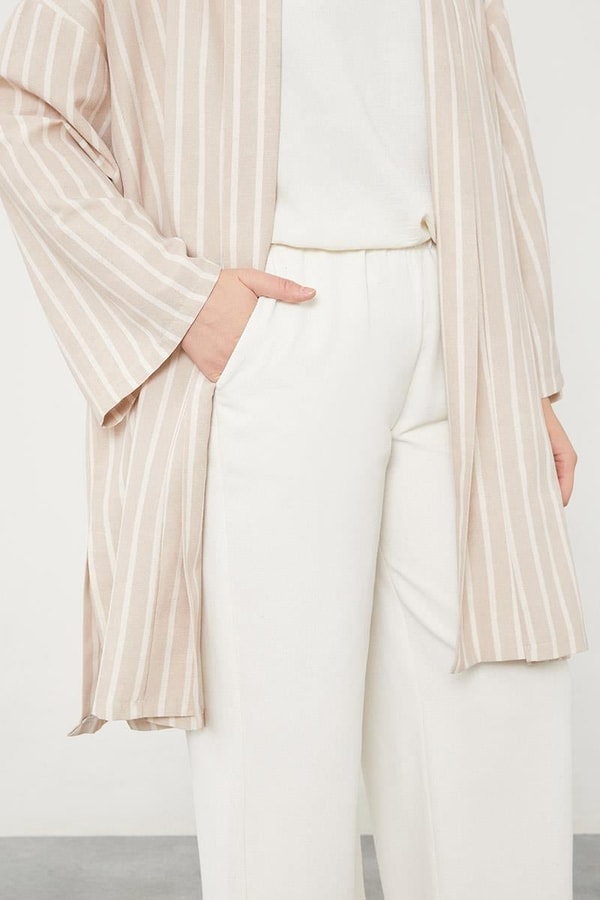 LevidorBej Çizgili Desen Kimono Takım