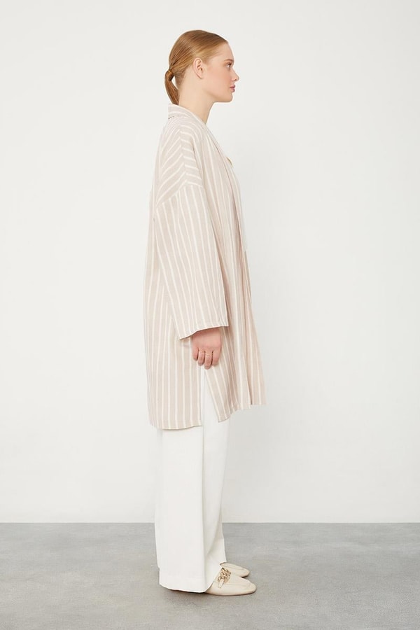 LevidorBej Çizgili Desen Kimono Takım