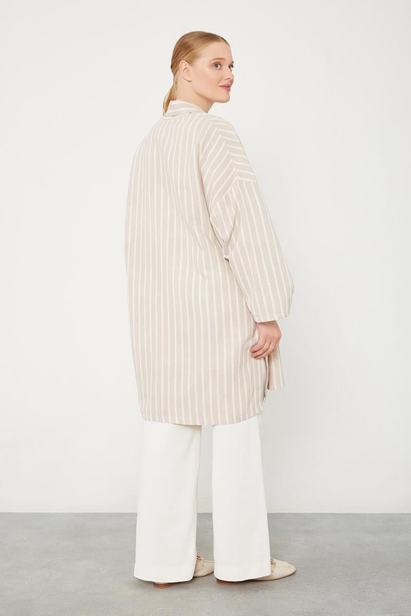 LevidorBej Çizgili Desen Kimono Takım