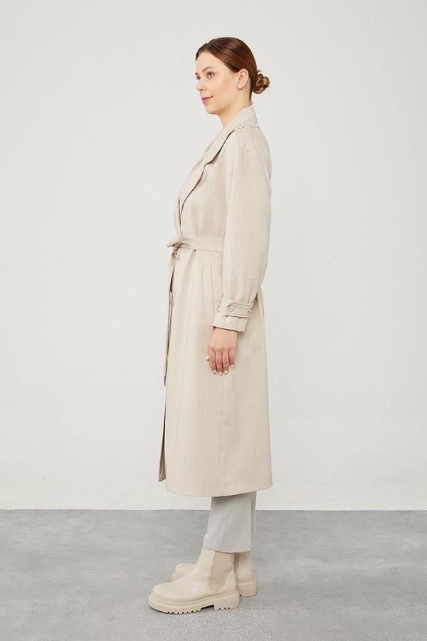 LevidorBej Çizgili Desen Kuşak Kapamalı Trençkot