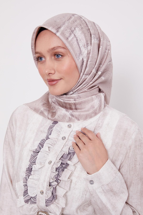 LevidorBej Karışık Fırça Desen Twill İpek Eşarp