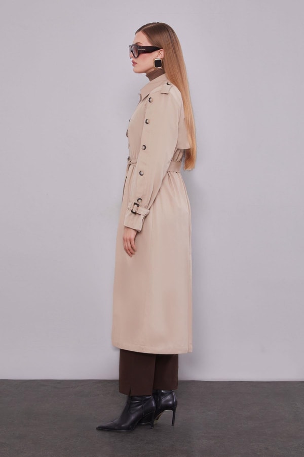 LevidorBej Kol Düğme Detaylı Trençkot