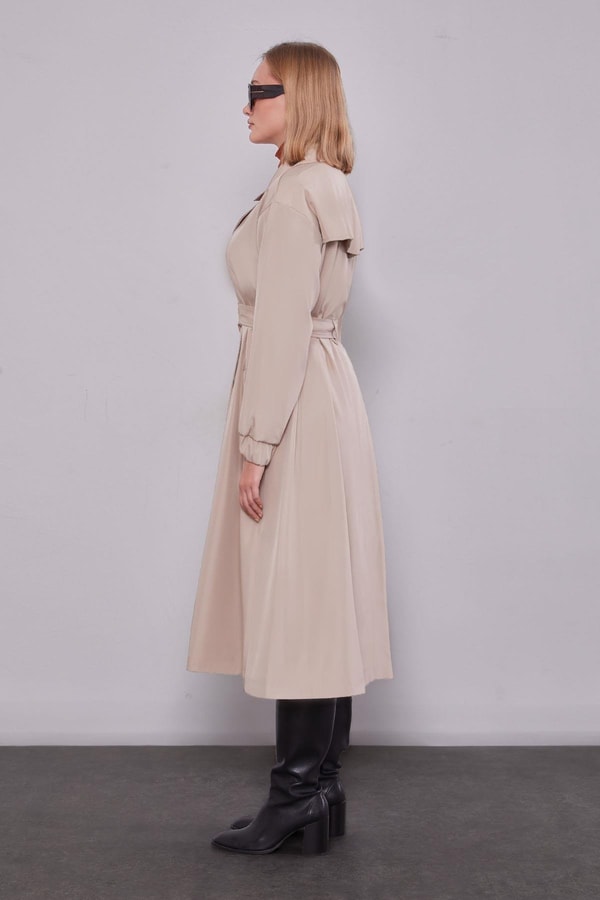 LevidorBej Kolu Lastikli Kemer Detaylı Trençkot