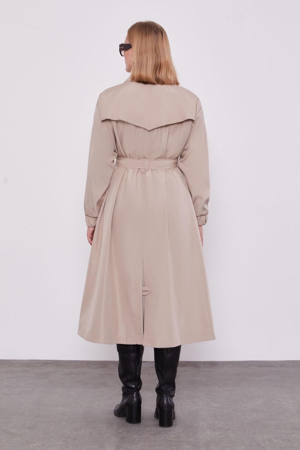 LevidorBej Kolu Lastikli Kemer Detaylı Trençkot