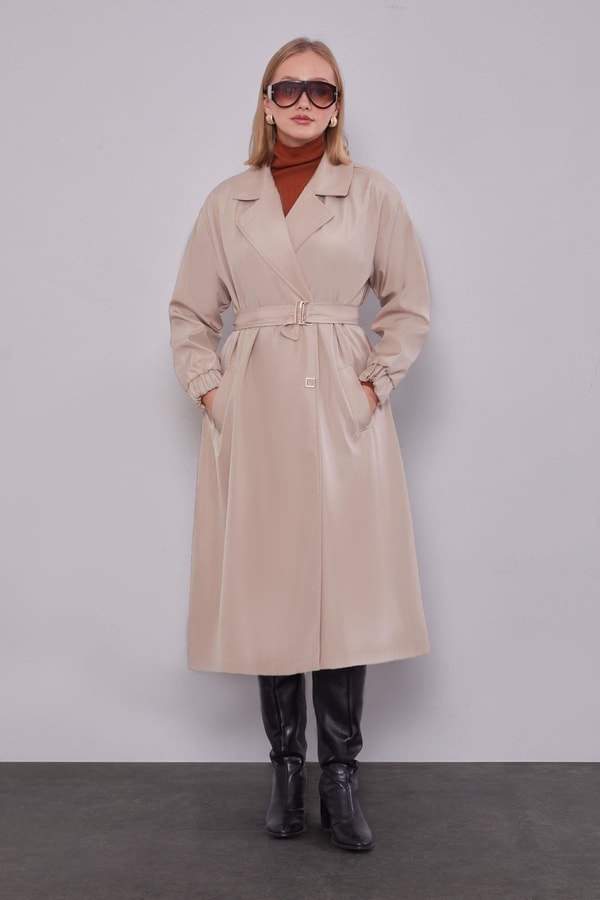 LevidorBej Kolu Lastikli Kemer Detaylı Trençkot
