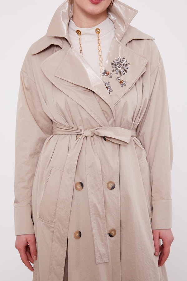 LevidorBej Kuşaklı Cepli Trençkot