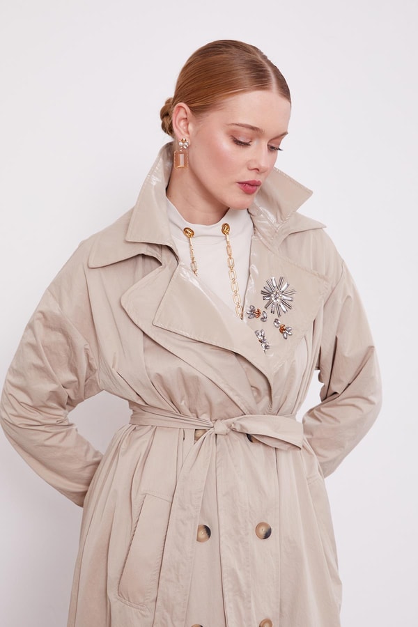 LevidorBej Kuşaklı Cepli Trençkot